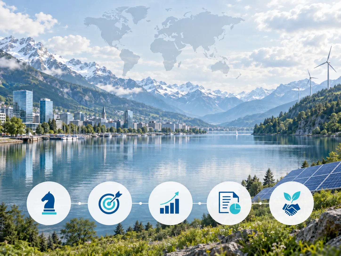 Global private markets expertise, with symbols for strategy, targeting, growth, analysis and sustainable partnerships.