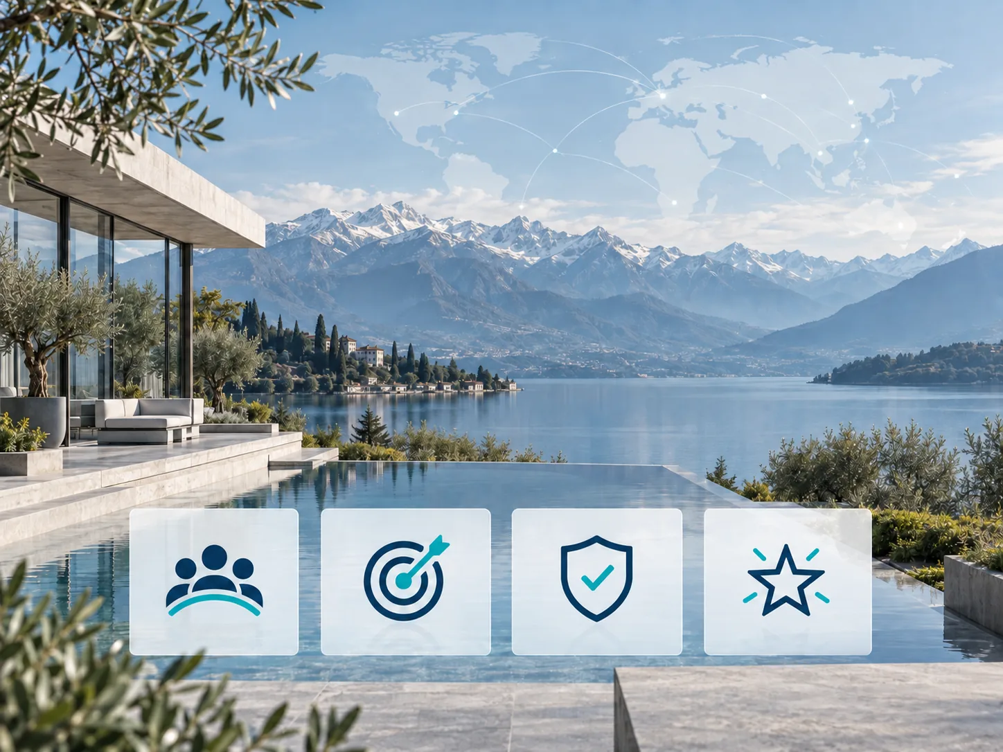 Partnership, alignment, integrity and excellence, illustrated over a tranquil alpine landscape.